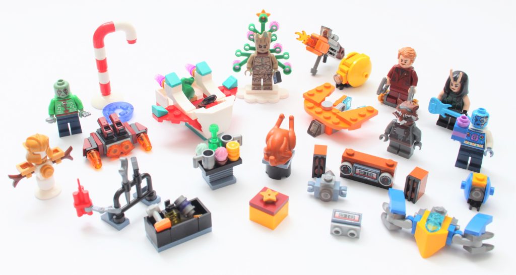 lego marvel 76231 GOTG Advent Calendar review contents group shot 1024x546